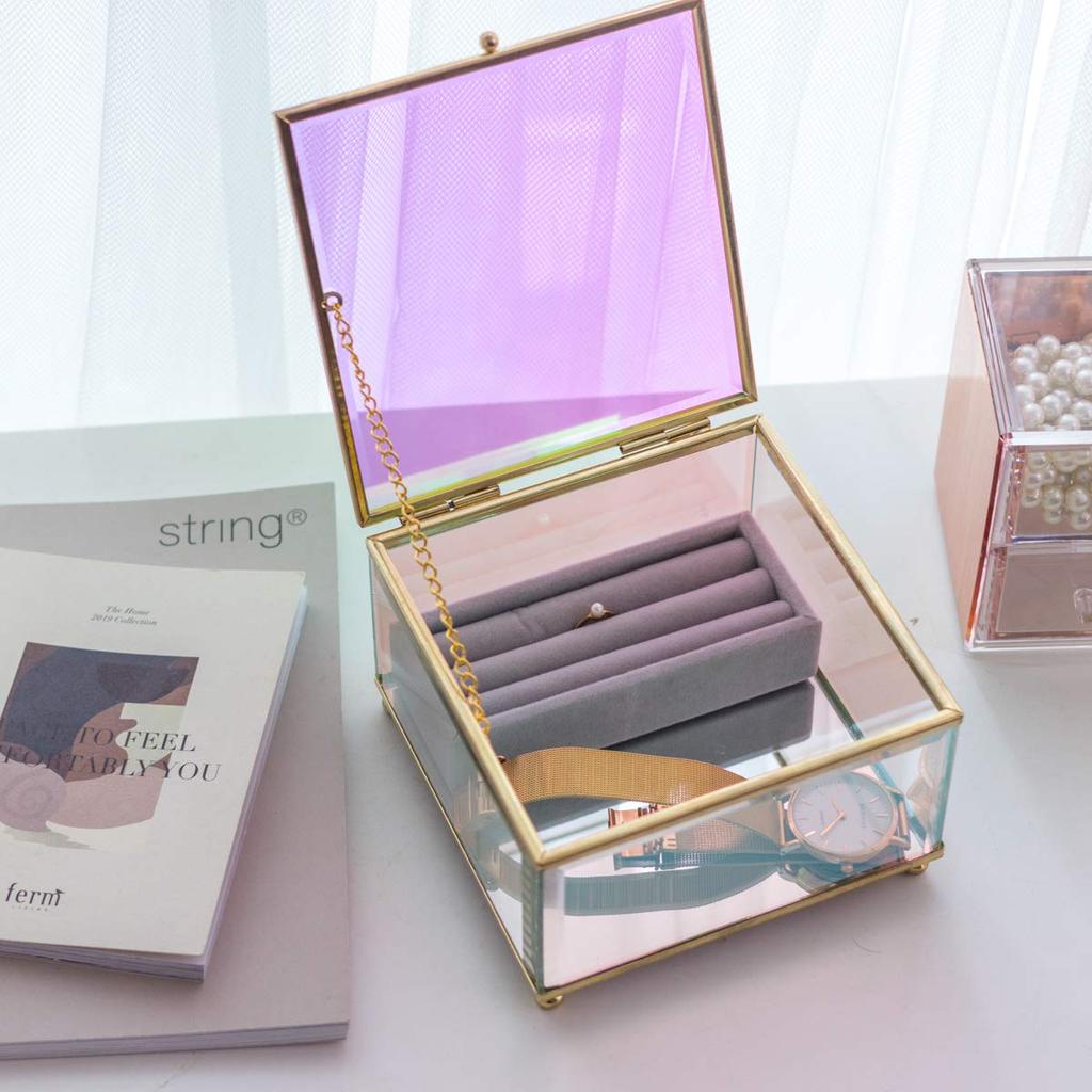 Moosy life AB61 Шкатулка для колец, серег и ожерелий. Прозрачное стекло с дизайном Северного сияния и металлической рамой. Отличная идея для подарка.