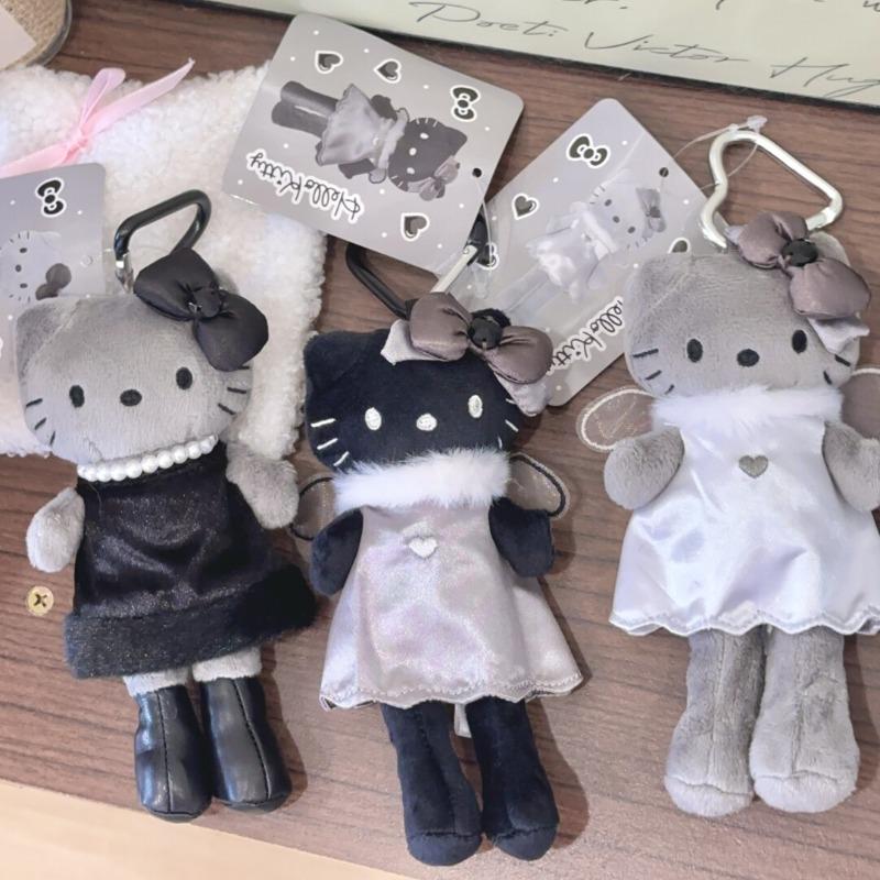 New Sanrio Plush Doll Keychian Hello Kitty Winter Limited Long Legs Kawaii Stuffed Bag Charm Pearl Necklace Black Skin Pendant
