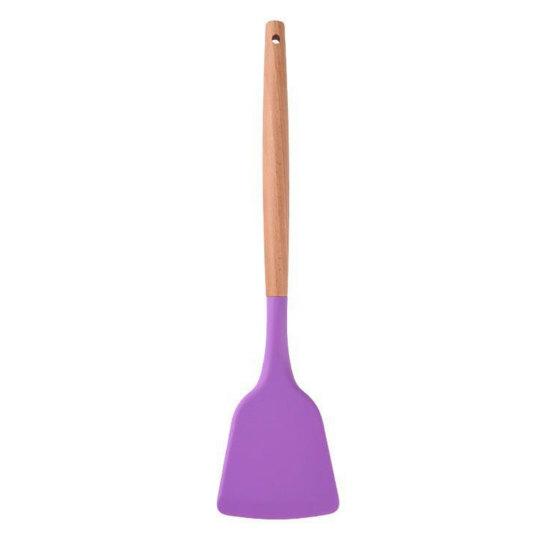 Cooking Spatula Non-demable Anti-slip Silent Stir-Fry Heat Resistance Silicone Extended Wooden Handle Frying Spatula Kitchen