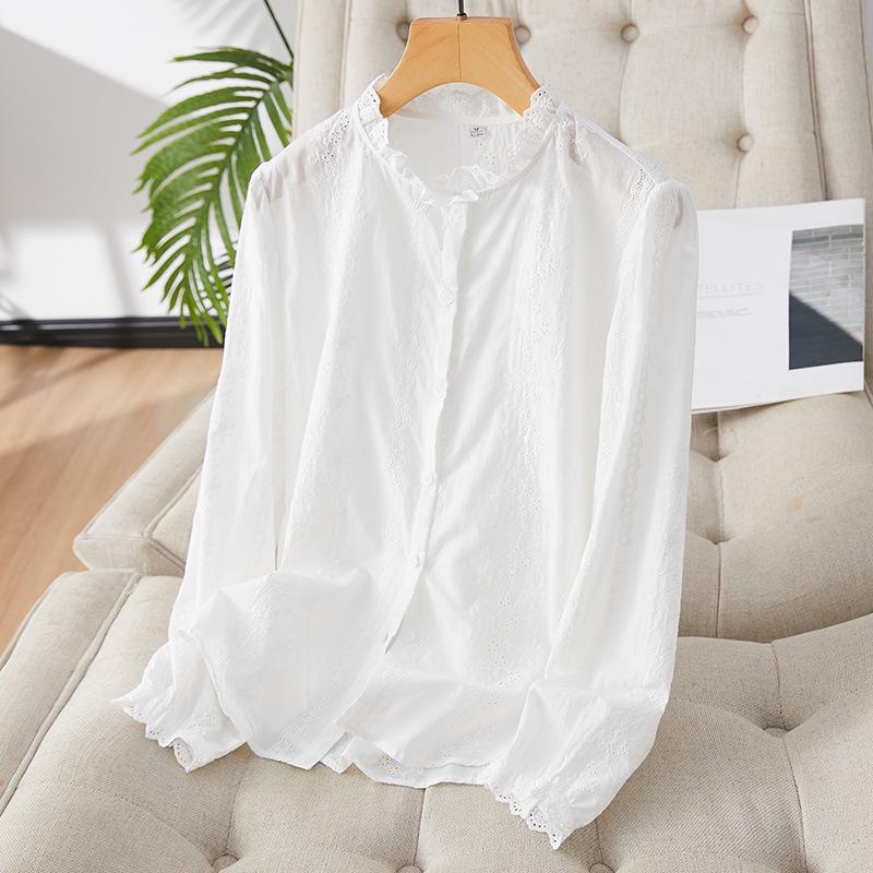 Абрикосовая женская рубашка с длинным рукавом из чистого хлопка с вышивкой - новый дизайн весны 2025 года