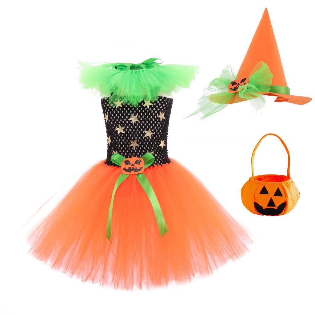 Girls Halloween Witch Costume Dress Set with Tulle Skirt Pumpkin Waist Decoration and Matching Witch Hat and Pumpkin Basket for Party and Performance
