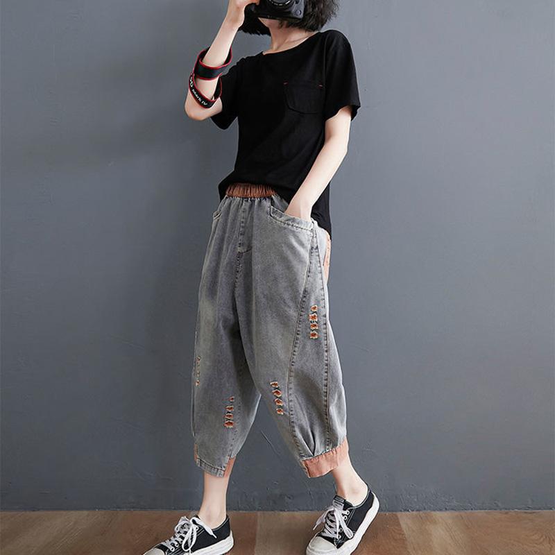 WTEMPO Женские джинсы с эластичной резинкой на талии и рваными отверстиями, свободные джинсы больших размеров, тонкие укороченные брюки