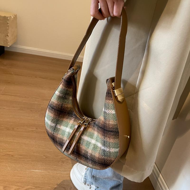 PU Leather Small Bag for Women Grid Striped Half Moon Shoulder Bags Retro Female Underarm Bags Girls New