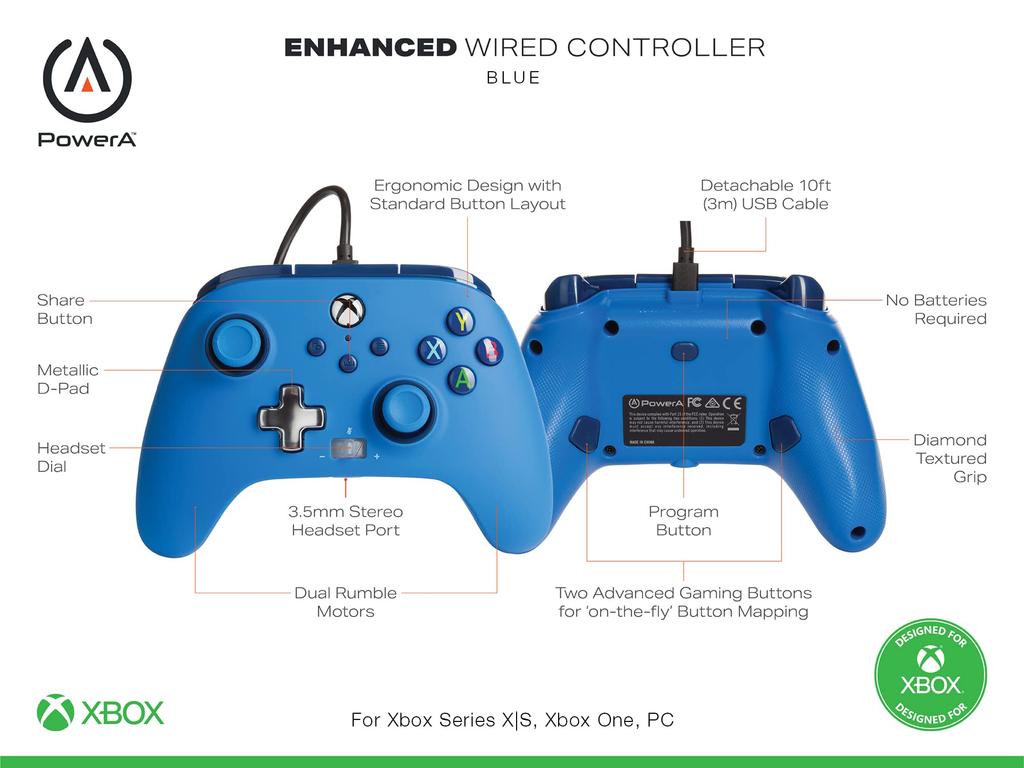 PowerA Enhanced Wired Dual Vibration Back for Xbox Series Xbox Windows 2-Year Warranty Controller, Blue, Function, Buttons, XS, One, PC, 10/11