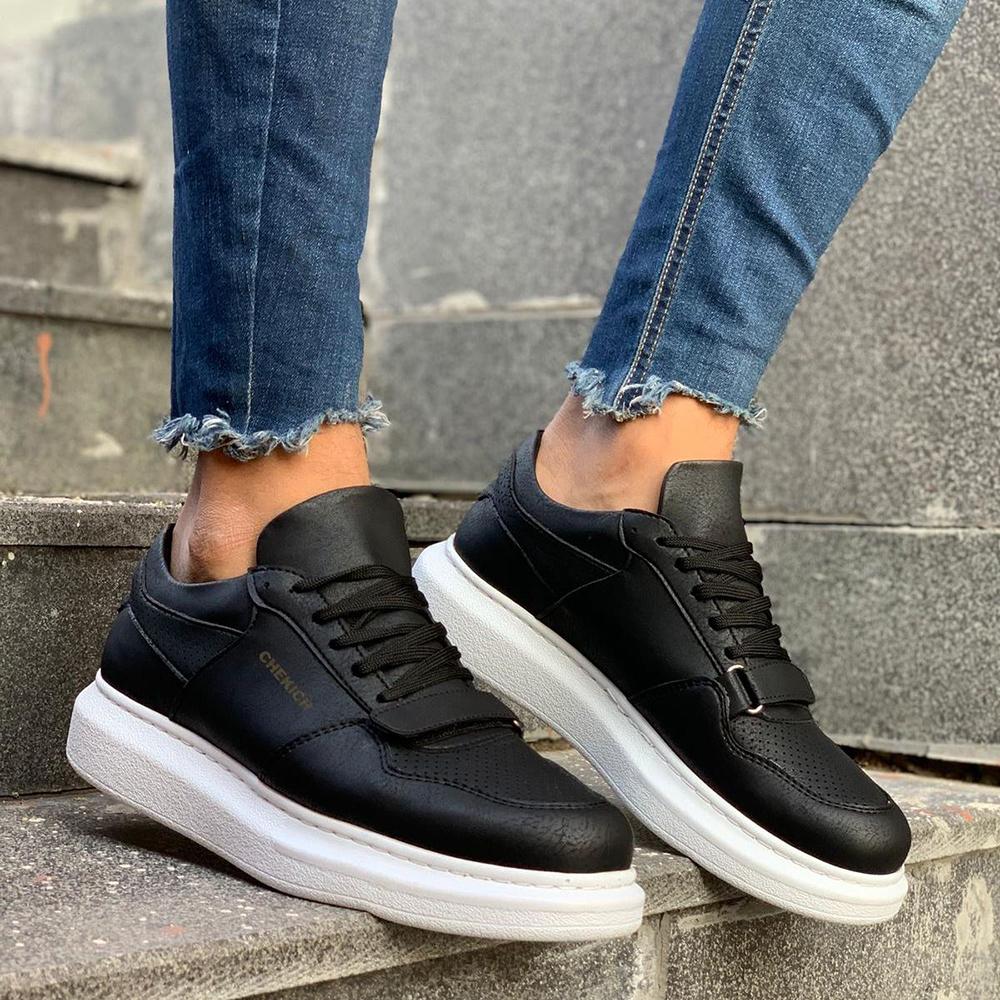 Chekich Мужская обувь. Повседневная обувь. Черный цвет. Искусственная кожа на шнуровке. Весенние и осенние сезоны. Вулканизированная лента на липучке. Белая высокая подошва. CH073.