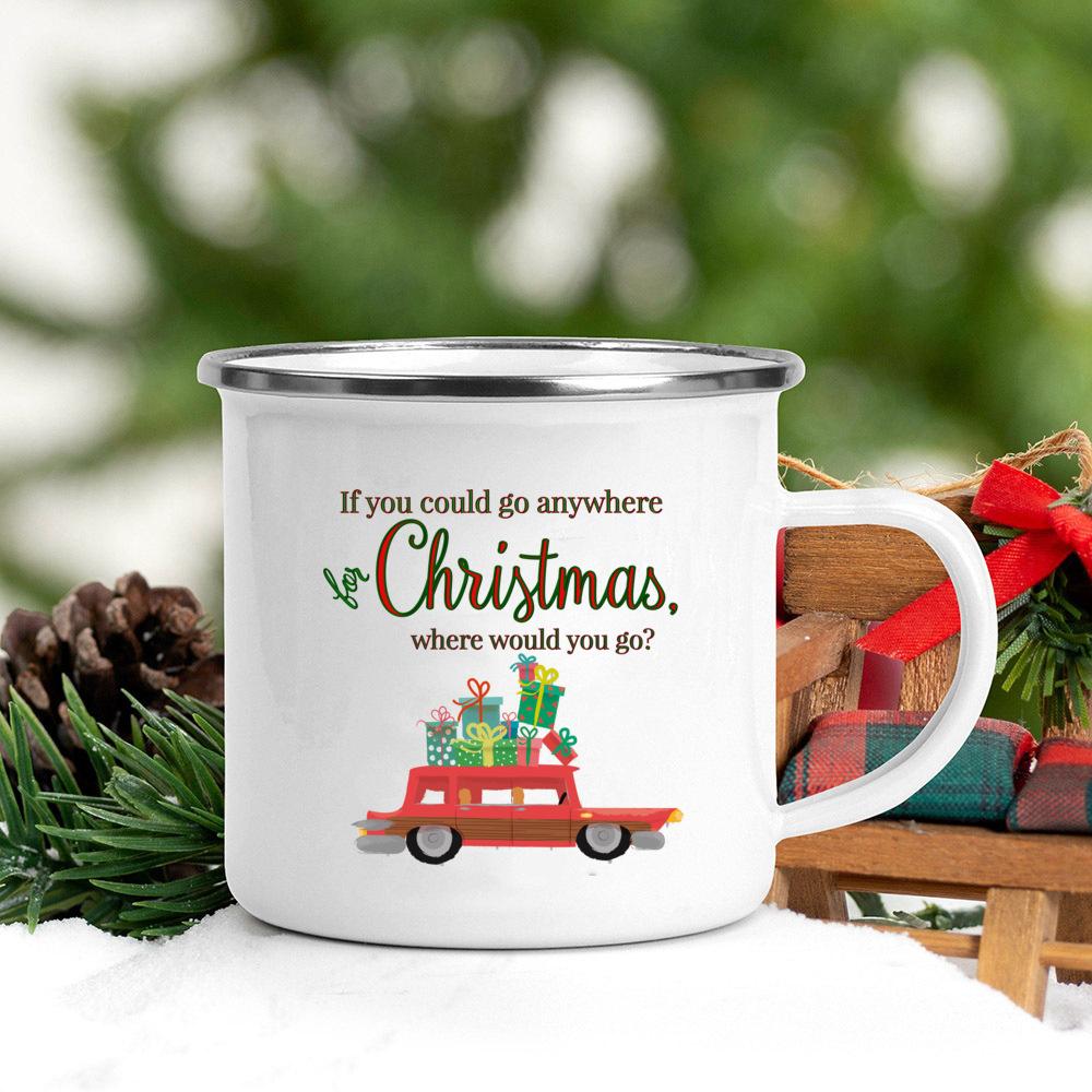 Merry Christmas Tree Snowman Santa Printed Mug Enamel Handle Coffee Cup Banquet Party Drinking Mugs Gift for Family Lover Friend