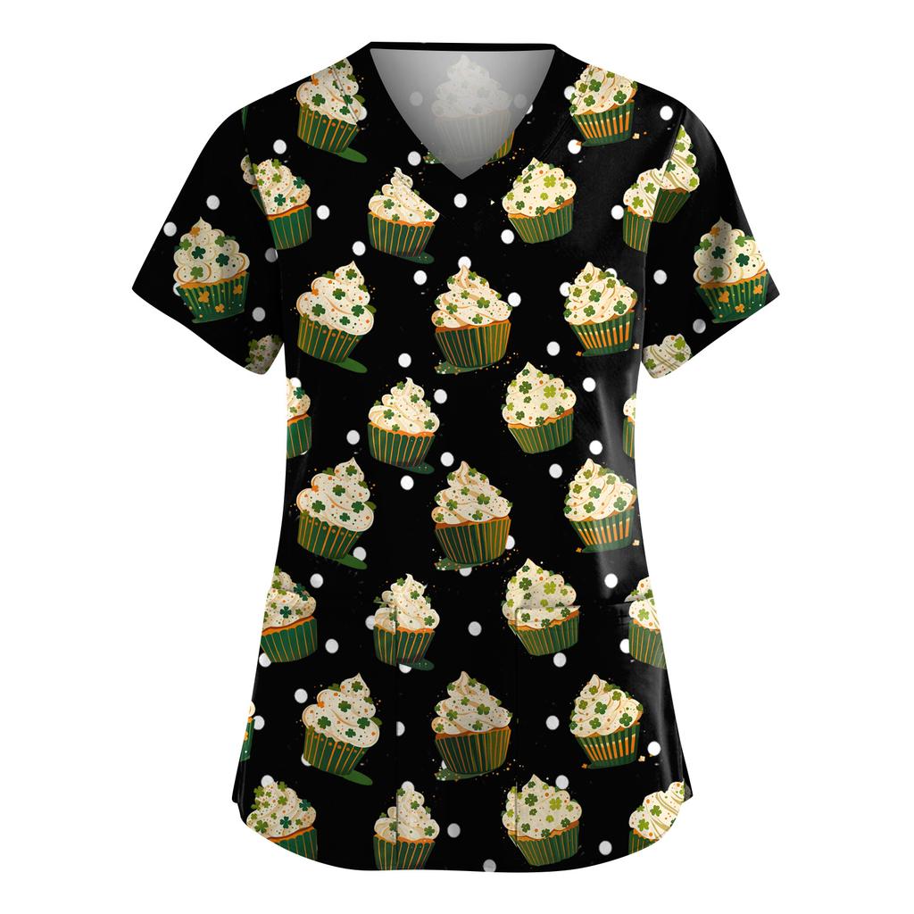 Женская милая блузка с принтом бантиков, рабочая одежда, V-образный вырез, двойной слой, карманы, базовая, с коротким рукавом, пуловер