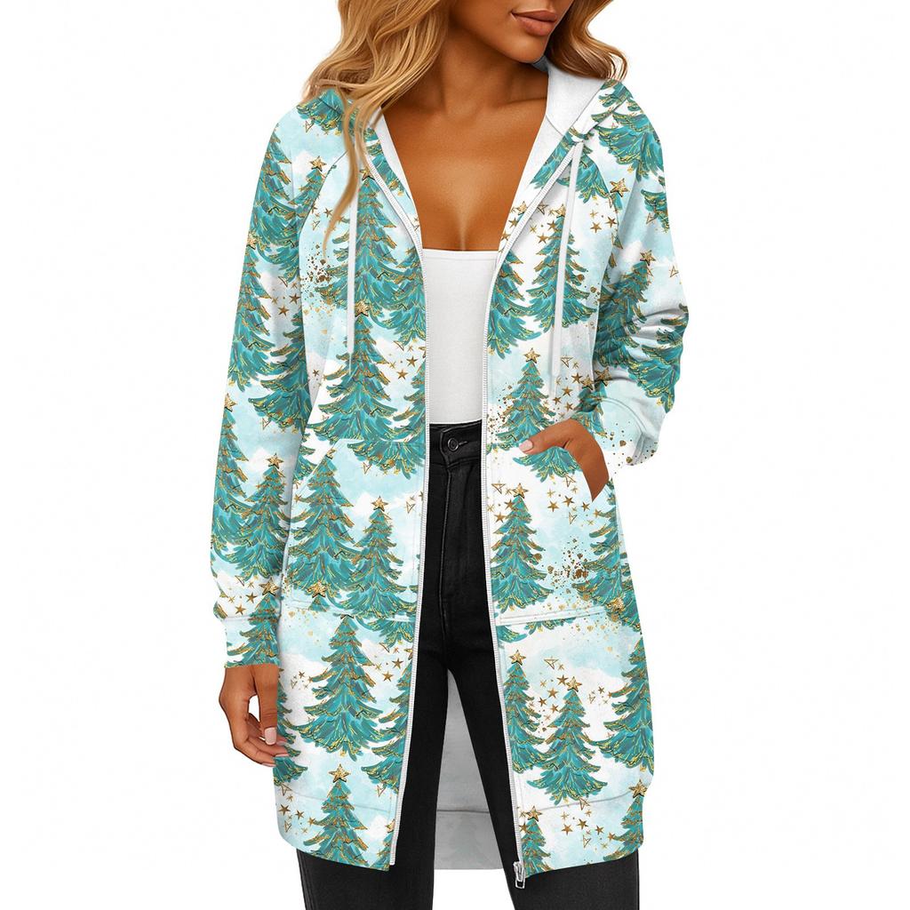 Women's Fashionable Christmas Printed Long Sleeved Drawstring Hooded Zipper Pocket Long Casual Sweatshirt Jacket