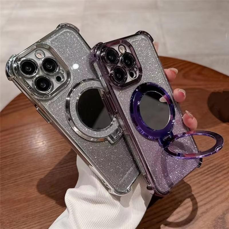 Для iPhone 16 Pro Max Роскошный чехол с рамкой для вспышки и зеркалом, держателем для телефона, защитный чехол для iPhone 11 12 13 14 15 16 Plus