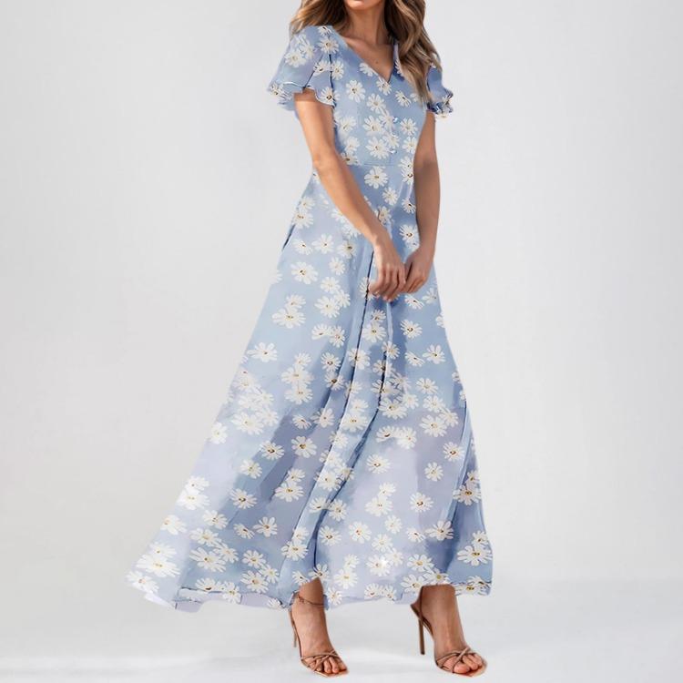 Maxi Dresses Casual for Women Summer Elegant Cute Flowing Wedding Guest Short Sleeve Chiffon Floral Dresses