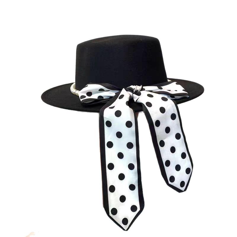 ins French celebrity style pearl ribbon woolen flat top top hat women's elegant temperament black jazz hat self-operated