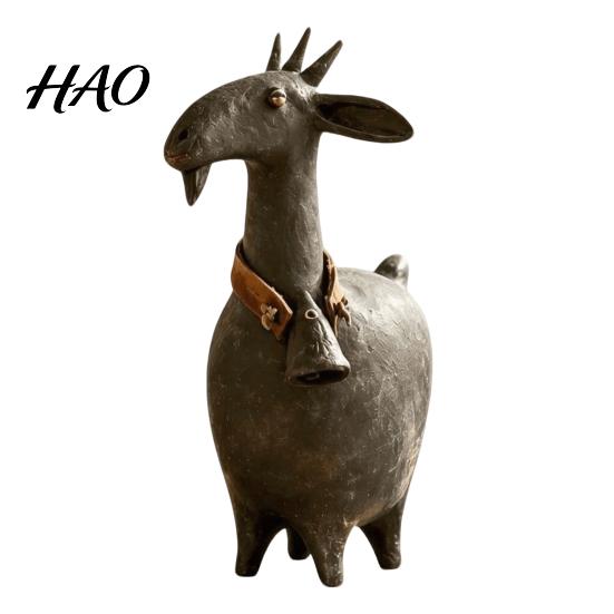 Retro Home Decor Vintage Goat Figurines with Bell Collar, Rustic Farmhouse Animal Desktop Style Collectibles Statues, Countryside Ornament for Shelf,