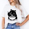 Noodle Cat Женские футболки Смешные Ramen Черная футболка с кошкой Женская одежда Обычные топы с коротким рукавом Женская мода Футболки с мультяшной графикой Женские