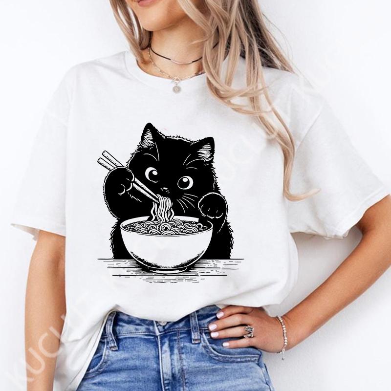 Noodle Cat Женские футболки Смешные Ramen Черная футболка с кошкой Женская одежда Обычные топы с коротким рукавом Женская мода Футболки с мультяшной графикой Женские