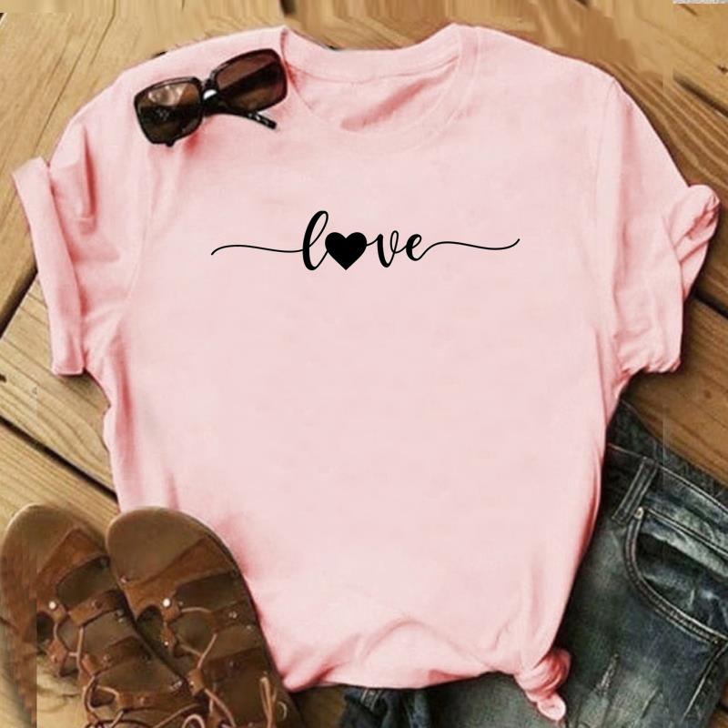 (Азиатский размер)Футболка с надписью «Любовное письмо» и цветочным принтом, милая, сладкая, модная футболка, повседневная, с коротким рукавом, женская, с принтом, женская, графическая футболка