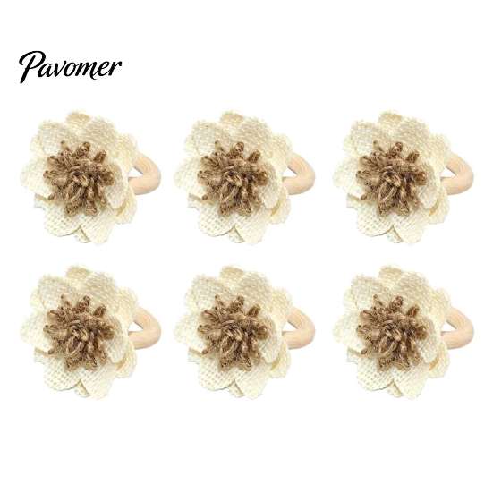 Reusable Cloth Napkin Rings 6Pcs Linen Flower Rings, Wooden Ring Rustic Holders, Floral Table Decorations Farmhouse for Wedding Bridal Shower