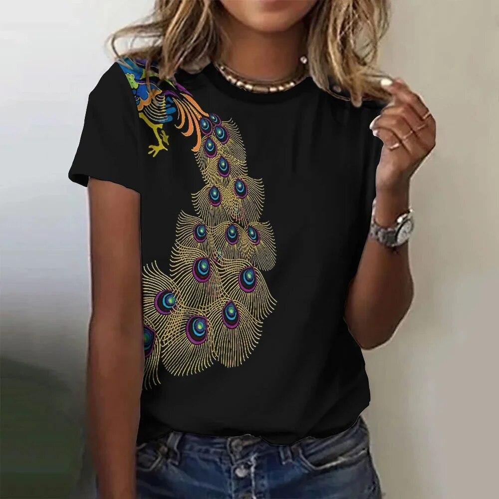 Винтажная футболка с 3D принтом перьев для женщин, женская одежда в стиле Харадзюку, повседневный пуловер с круглым вырезом, летние свободные футболки с короткими рукавами, повседневные топы