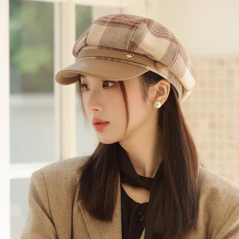 New Plaid Duck Tongue Octagonal Hat Female Beret Autumn and Winter Newsboy Painter Hat