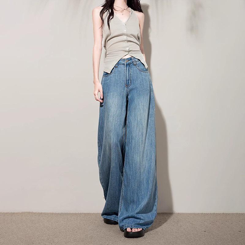 Синие Джинсы Wide Leg Lysel Tencel с Высокой Талией Женские Новый Стиль Стройнящие Свободная Посадка Прямой Крой Джинсовые Брюки