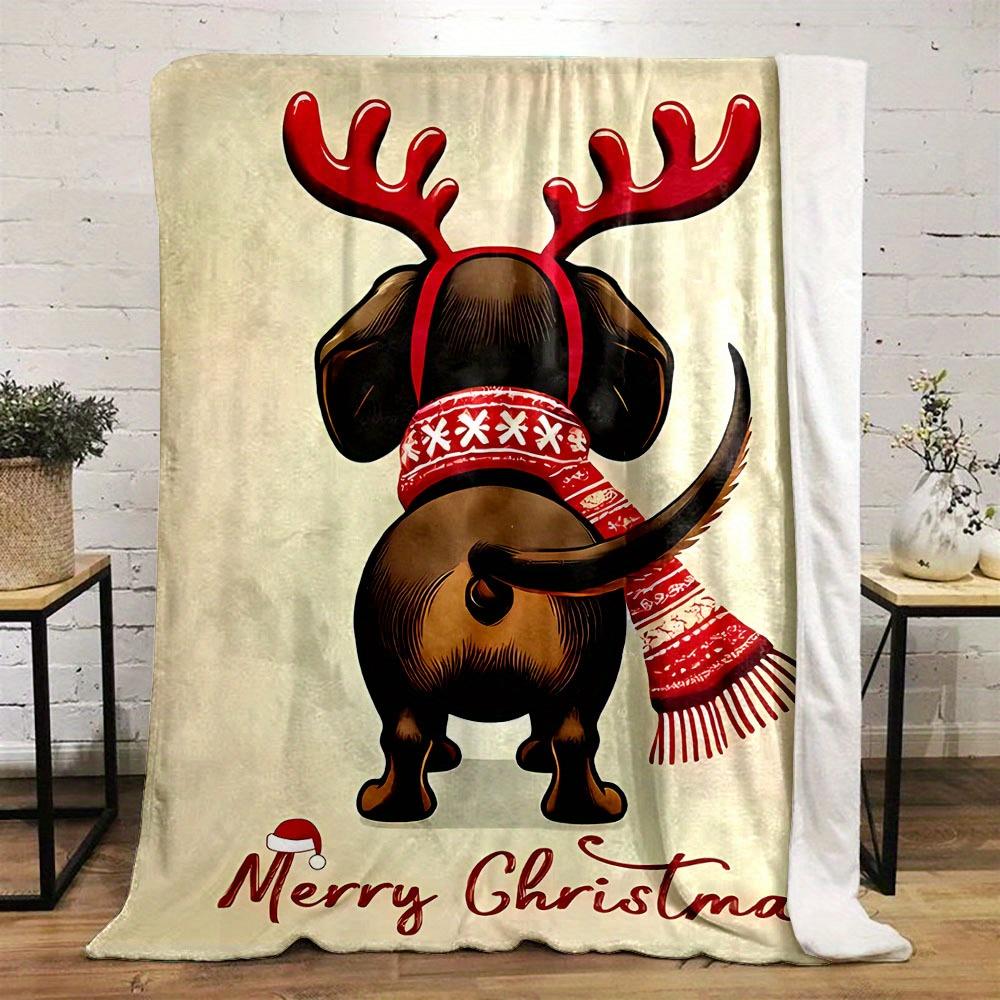 Christmas Dachshund Print Flannel Throw Blanket - Reversible Machine Washable All Seasons Gift