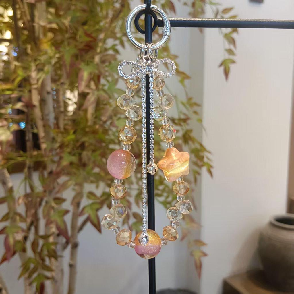 Lux-Style Beaded Two-Tone Phone Chain & Crystal Pendant Keychain Charm