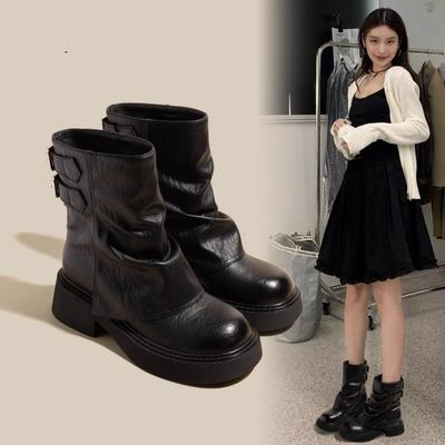 Кожаные мартинсы на внутренней платформе женские ретро короткие ботинки весенне-осенние одинарные ботинки новые на толстой подошве брючные западные мартинсы