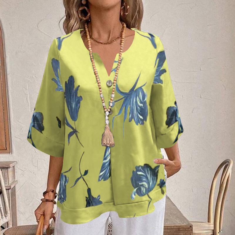 European & American Women's Summer V-Neck Printed Pullover Shirt - Casual, Loose, Short-Sleeved Fashion