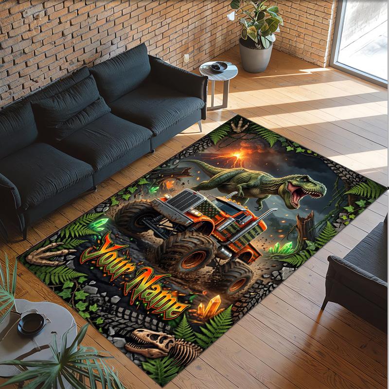 Monster Truck Theme Crystal Velvet Rug Personalized Custom Name Text Soft Floor Mat Home Decor