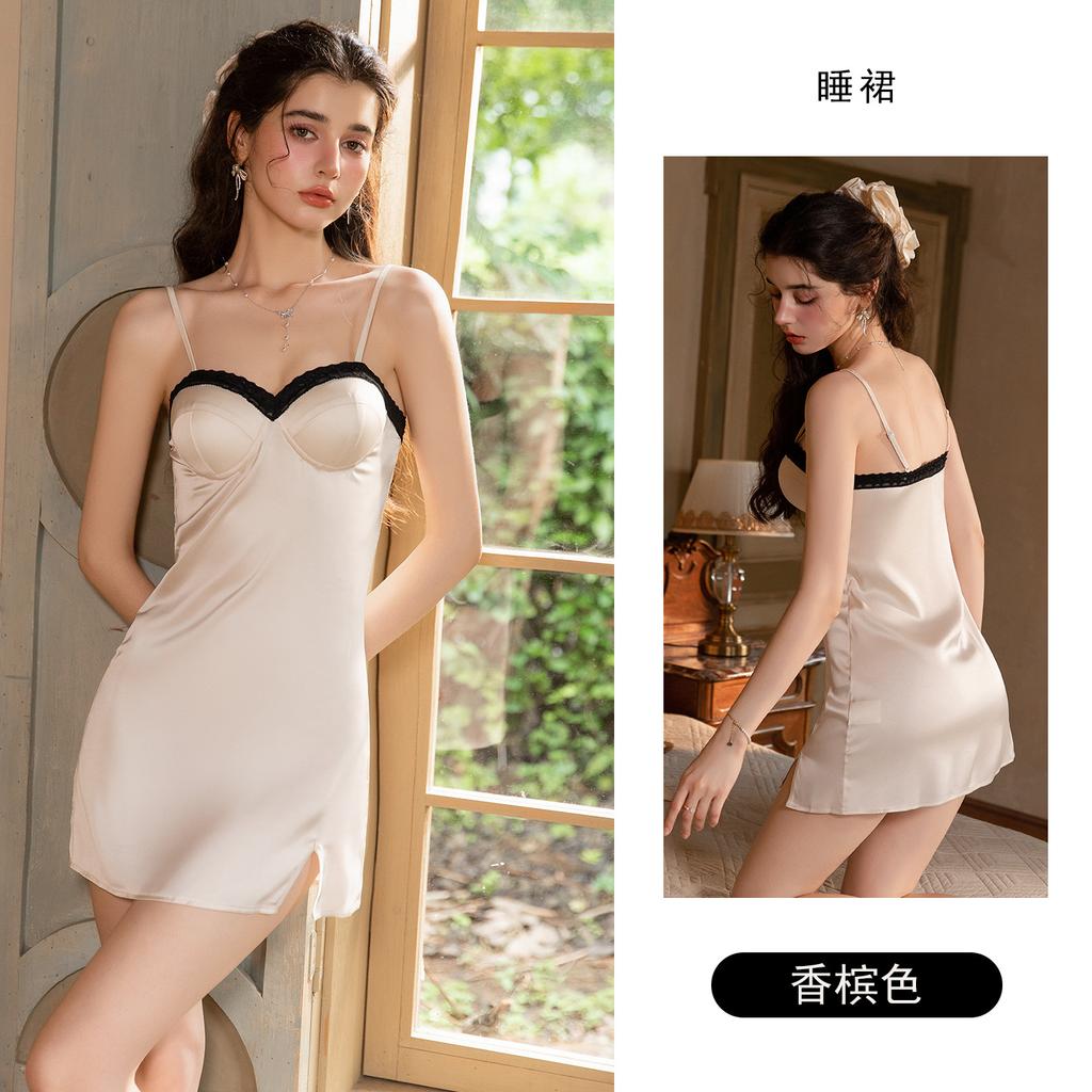 Women's Solid Satin Lace Low Cut Padded Slim Slit Cami Sleep Dress
