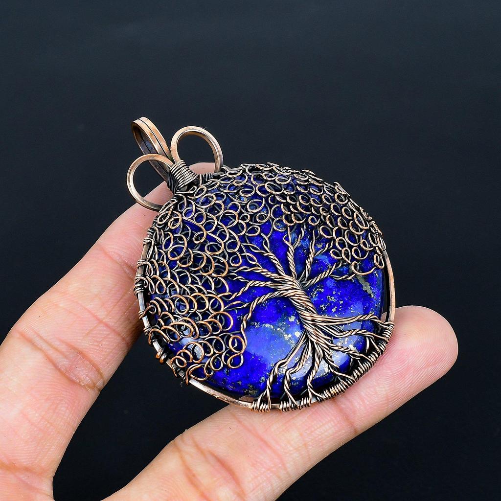 Кулон Древо Жизни из лазурита, Кулон ручной работы с обмоткой из медной проволоки 999 пробы, Антикварные украшения, Для подарка, Медные украшения