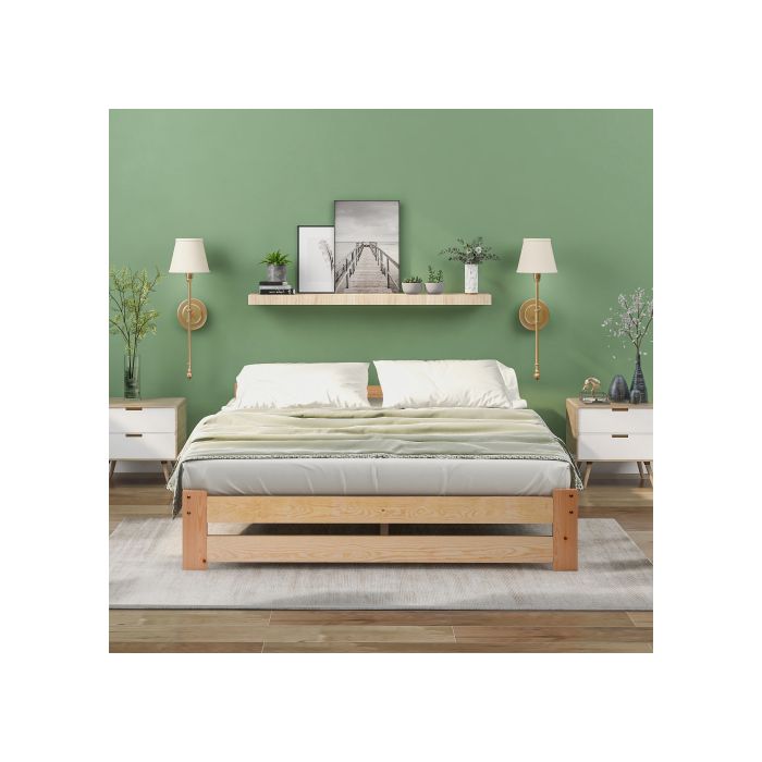 Solide lit en bois massif Lit futon en bois massif naturel Lit en avec tête de lit et sommier à lattes , naturel (200x140cm)