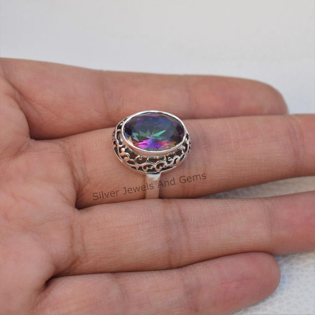 Mystic Topaz Ring, Handmade 925 Sterling Silver Ring, Designer Oval Topaz Ring, Anniversary Ring, Gemstone Ring