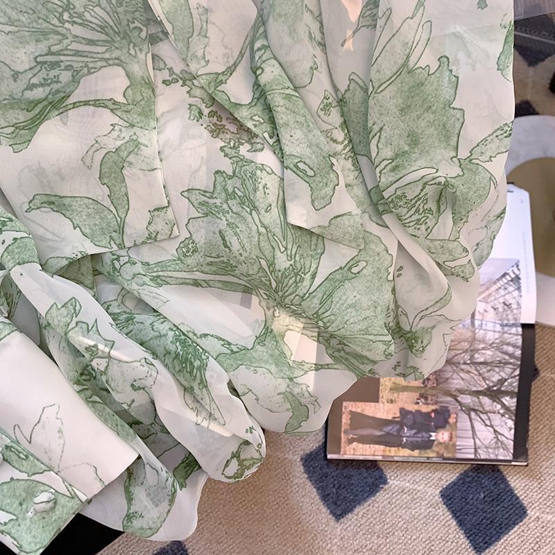 Блузка из шифона с зеленым принтом в французском стиле, с завязками, женская, новая, винтажная, с длинным рукавом, для ранней весны