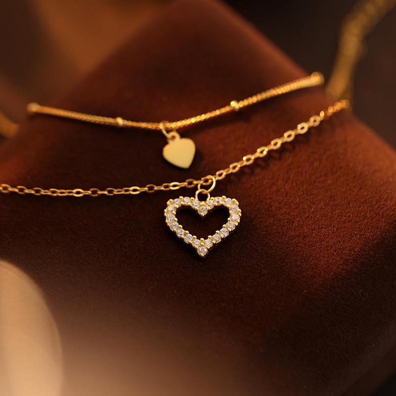 Banyan Tree S925 Silver Double Heart Anklet with Micro Diamonds - Fashion Trendy Peach Heart Anklet for Women, Spring & Summer Accessories.