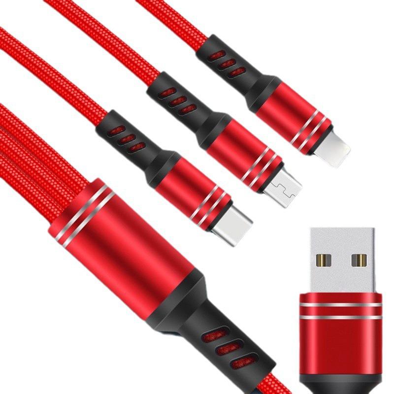 3A Fast Charging Braided Cable: One-to-Three USB, Type-C, Apple Compatible