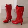 Женские ботинки на высоком каблуке, осенне-зимние новые милые и универсальные женские ботинки в римском стиле на толстом каблуке с кружевом и сращиванием
