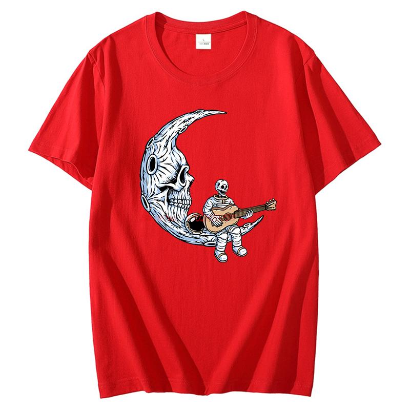 Skeleton Astronaut Guitar On Moon Funny Graphic T Shirts Summer Tees Tops Cotton Short Sleeve Tee Unisex Streetwear T Shirt