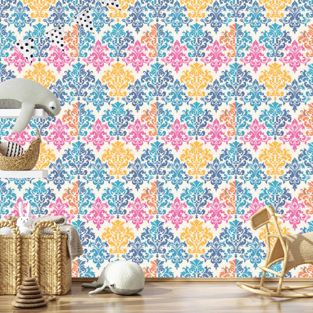 Baroque Damask Wallpaper in Blue, Cream and Powder Pink 50x1000