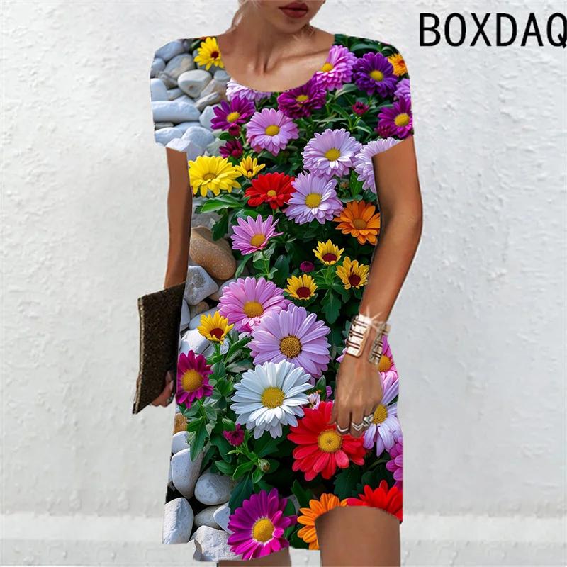 2025 New Women Dresses Fashion Summer Flower Print Short Sleeve Dress Casual 3D Print Loose A-Line Dress Street Wear Ladies