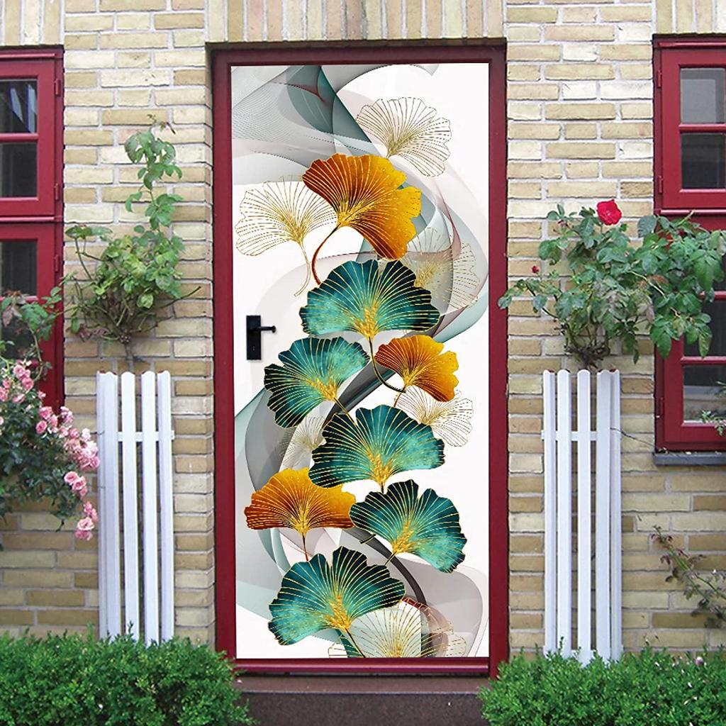 3D красочные наклейки на дверь гинкго билоба, настенная роспись гостиной, спальни, обои на дверь, наклейки на стену, самоклеящиеся, водонепроницаемый декор