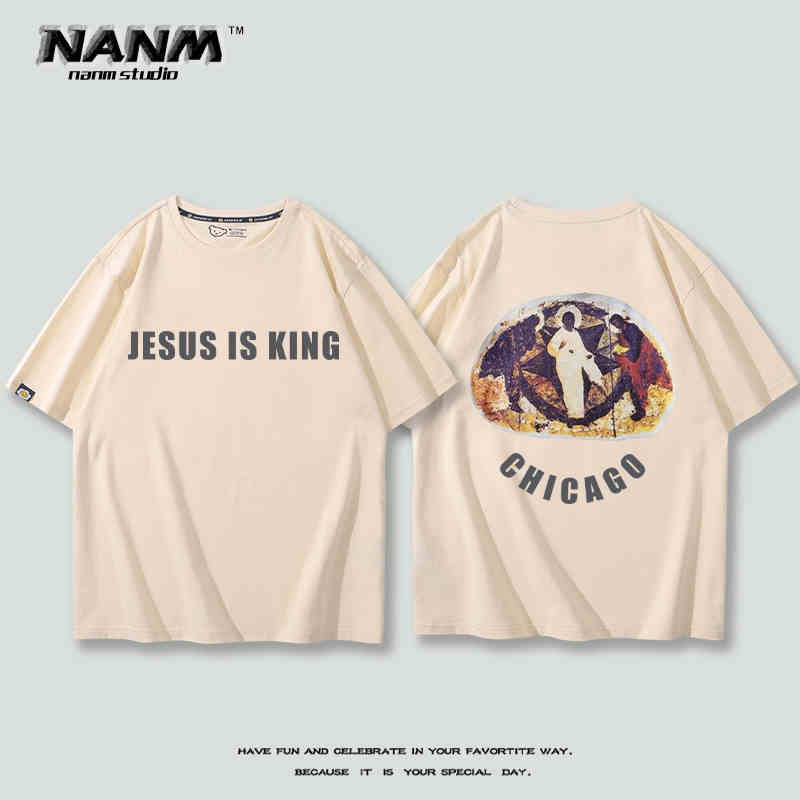 2024 New Fashion KANYE with Short Sleeve T-shirt Boys Kanye Music Festival Three Gods Religious Oil Loose Hip Hop Half Sleeve