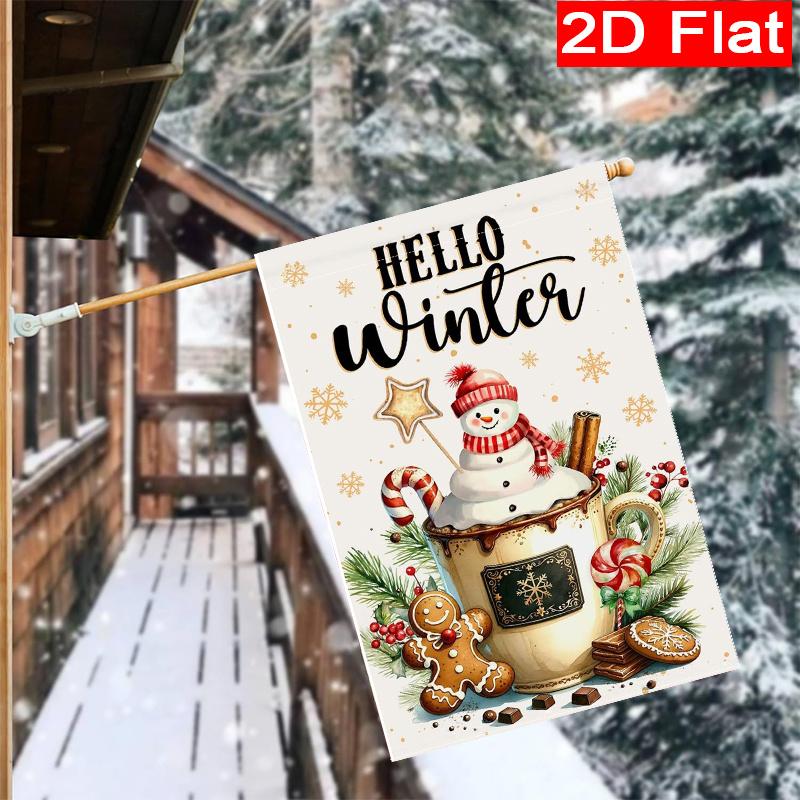 1pc Winter Hot Cocoa Snowman Gingerbread Candy Red Berries Golden Snowflakes Welcome Christmas Garden Flag- outdoor garden flag double-sided home deco