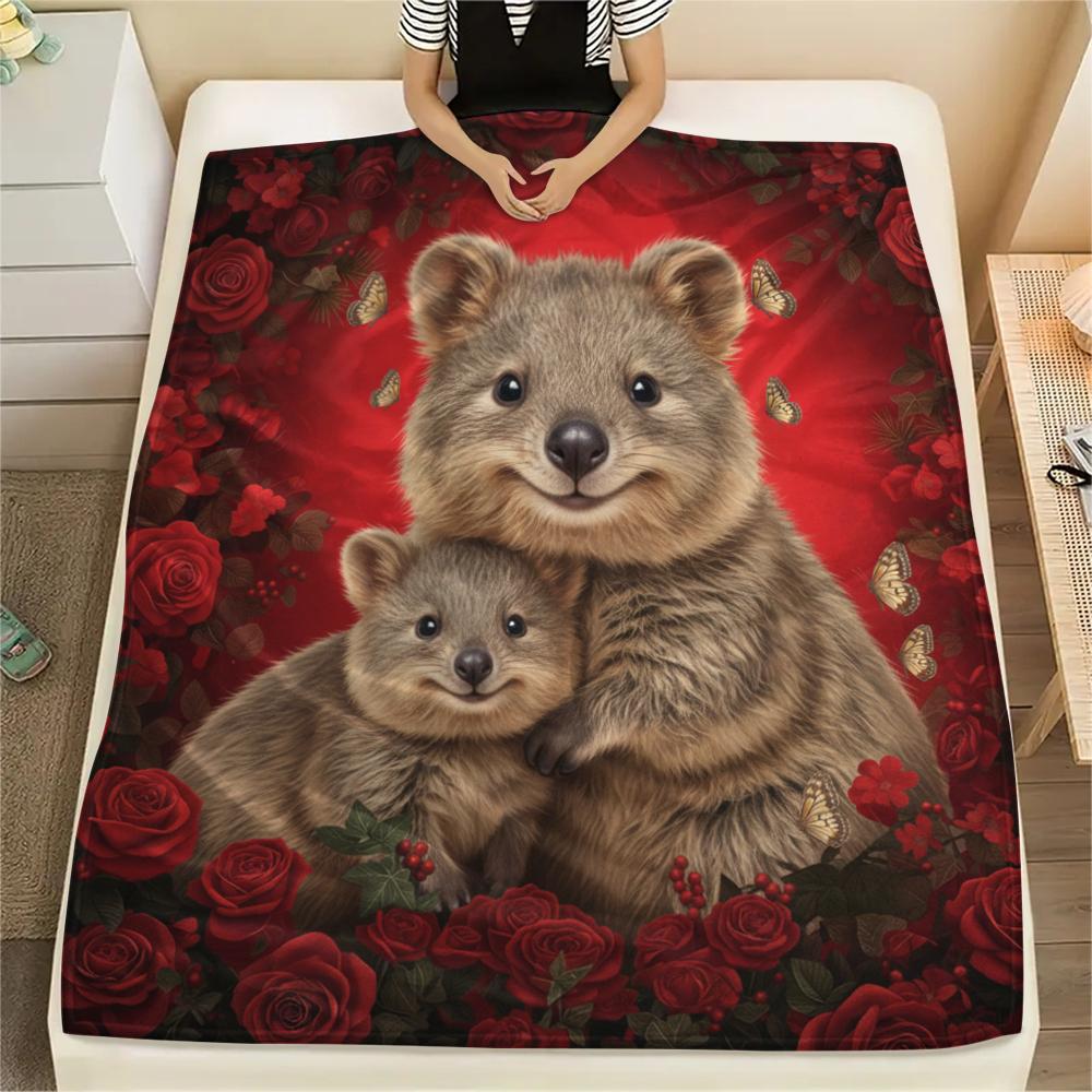 1PC Red Rose Animals Print Flannel Blanket, High quality All Seasons, Home Decor, Warmth and Comfort, Perfect for Christmas Gifts