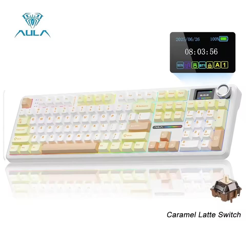 AULA F108 PRO Wireless Mechanical Keyboard with Screen Knob Full Size 8000mAh Battery RGB Backlit Hot Swappable Gaming Keyboard