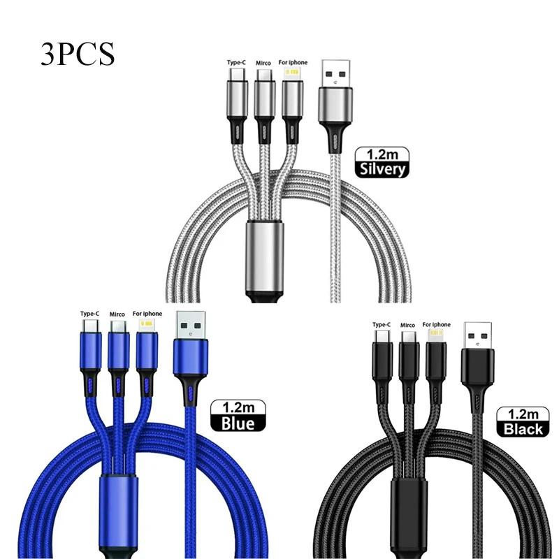 1-4Pcs 3 In 1 USB Charger Fast Charging Cable Type C Micro IOS Multi Charger Cable for iPhone Huawei Samsung Nylon Braided Cord