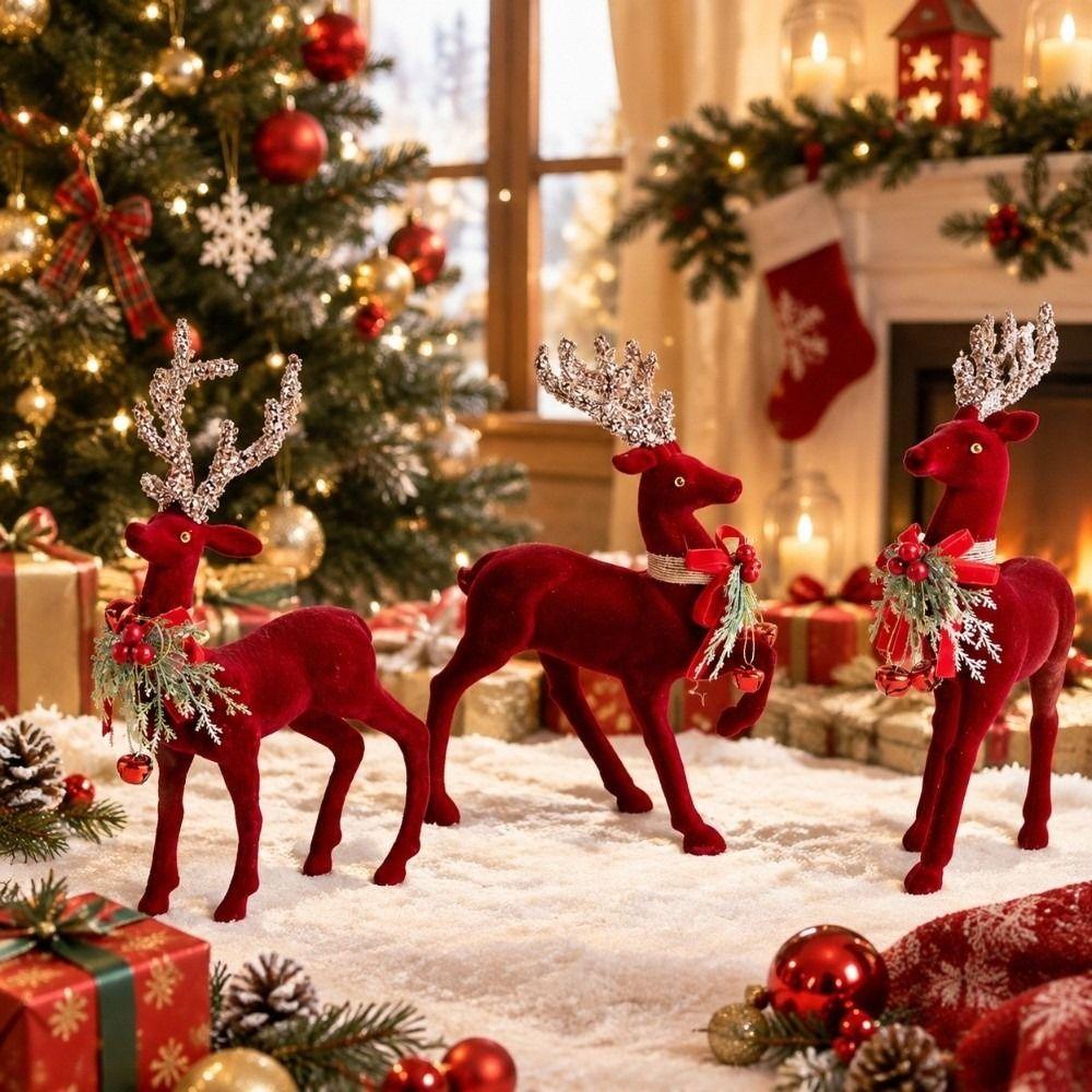 Exquisite Christmas Elk Figurine Flocking Texture Glitter Bowknot Deer Bookshelf Display