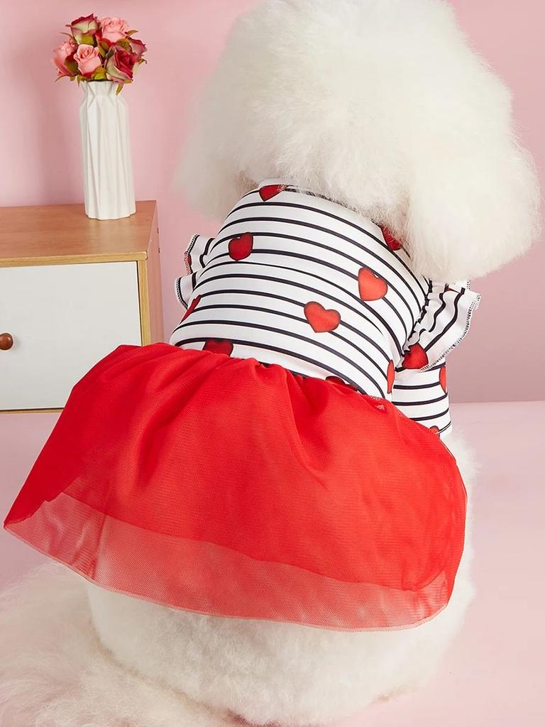 Stripe and Red Hearts Valentine's Day Dog Tulle Dress, Flutter Sleeve Dog Clothes for Small Dogs Girl, Cat Apparel