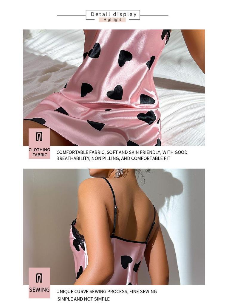 2024 Summer Ice Silk Nightdress: Sexy Backless Love Suspender Skirt for Home. Printed Breathable Short Skirt.