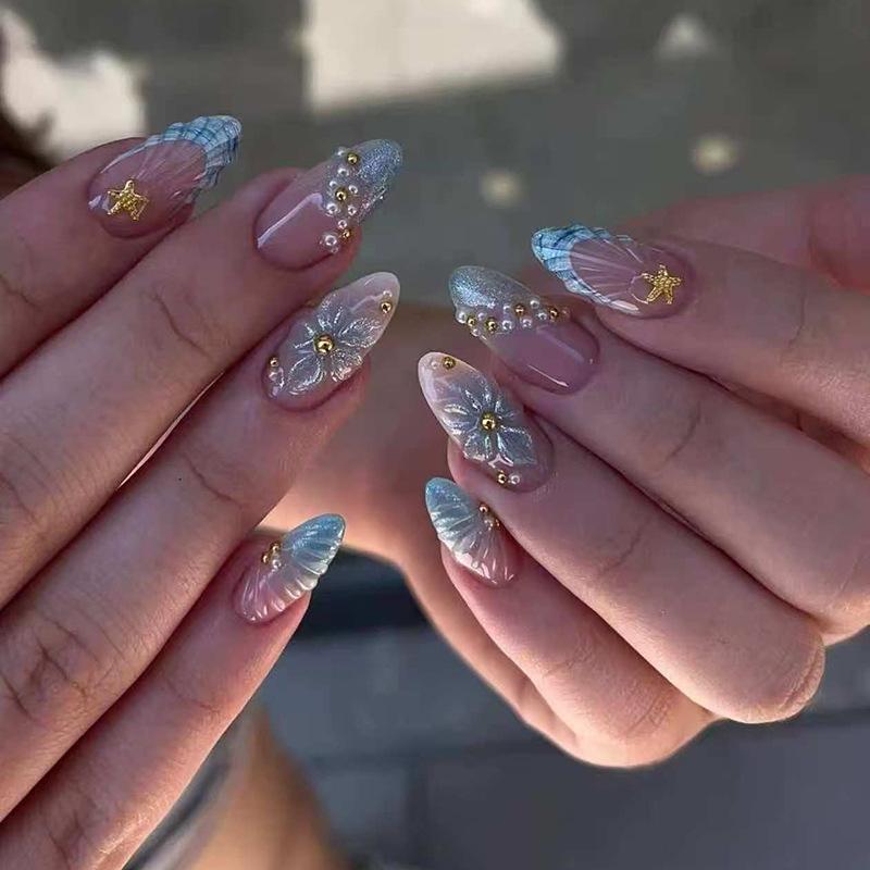 30Pcs 3D Cat‑Eye Press‑on Nails Blue Gradient Ice Flower Pearl French Elegant Euro Ins‑Style Removable Nails