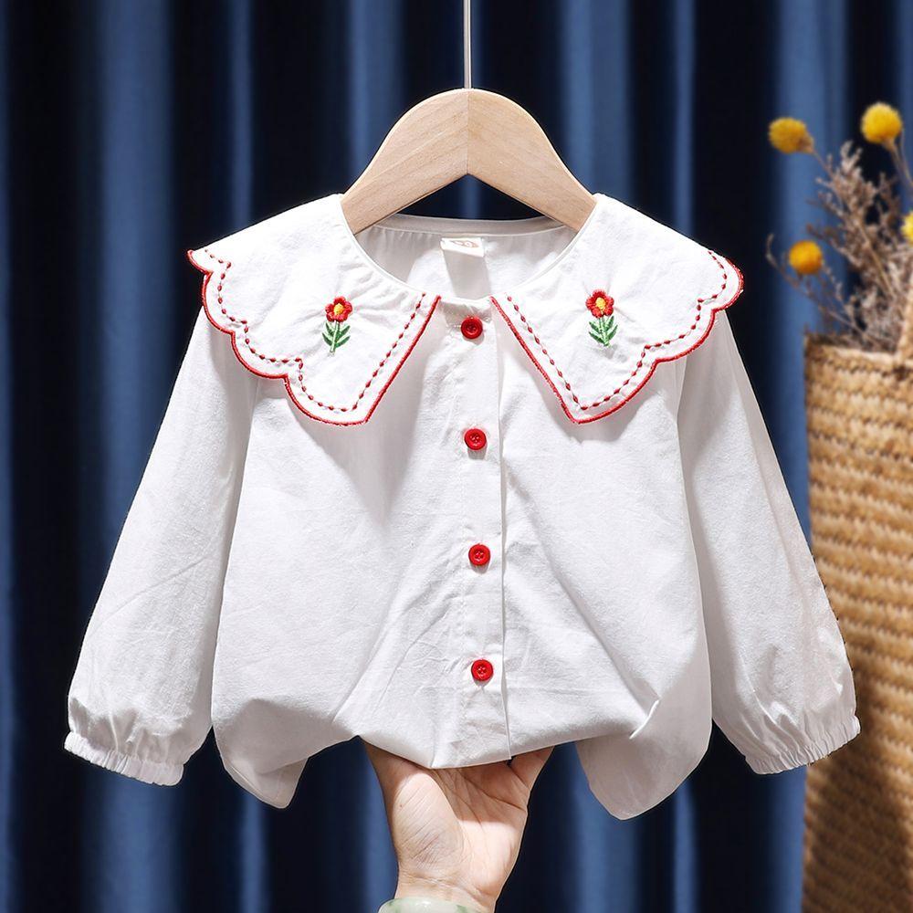Рубашка с длинными рукавами для маленьких девочек, топ с цветочной вышивкой и лацканами, детская одежда